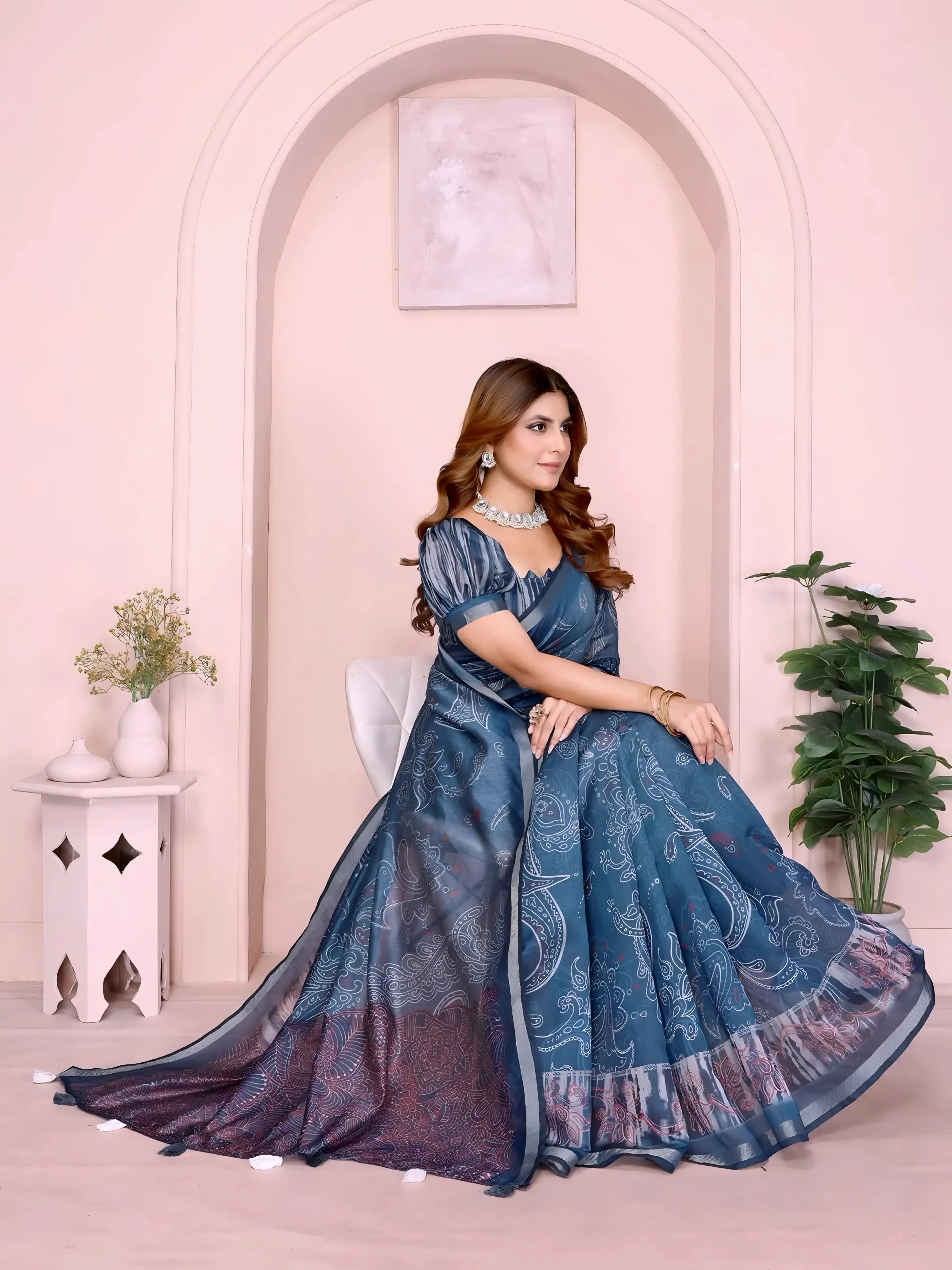 Navy Blue Ikkat Print with Zari Woven Cotton Saree